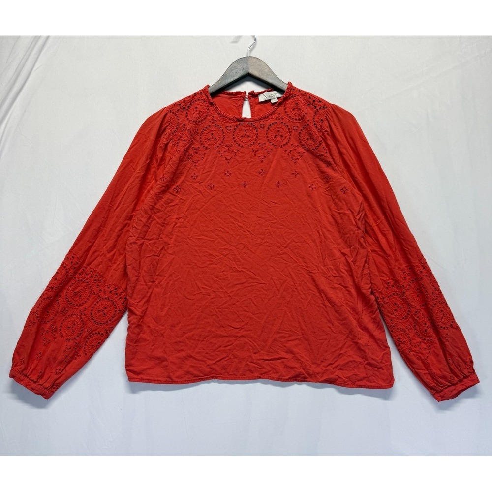 Loft Blouse Top Womens Medium Red Floral Eyelet Embroidered Visocse Keyhole Back